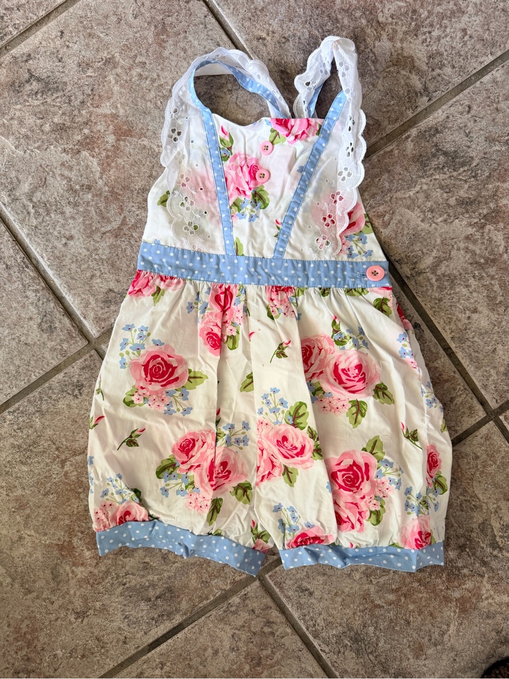 Eleanor Rose Girls Floral Bubble Romper with Blue Polka Dot Trim
